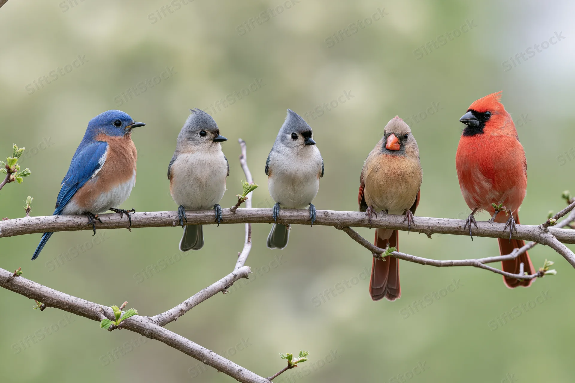 Five songbirds perched in a row on a bare tree branch in a spring garden
