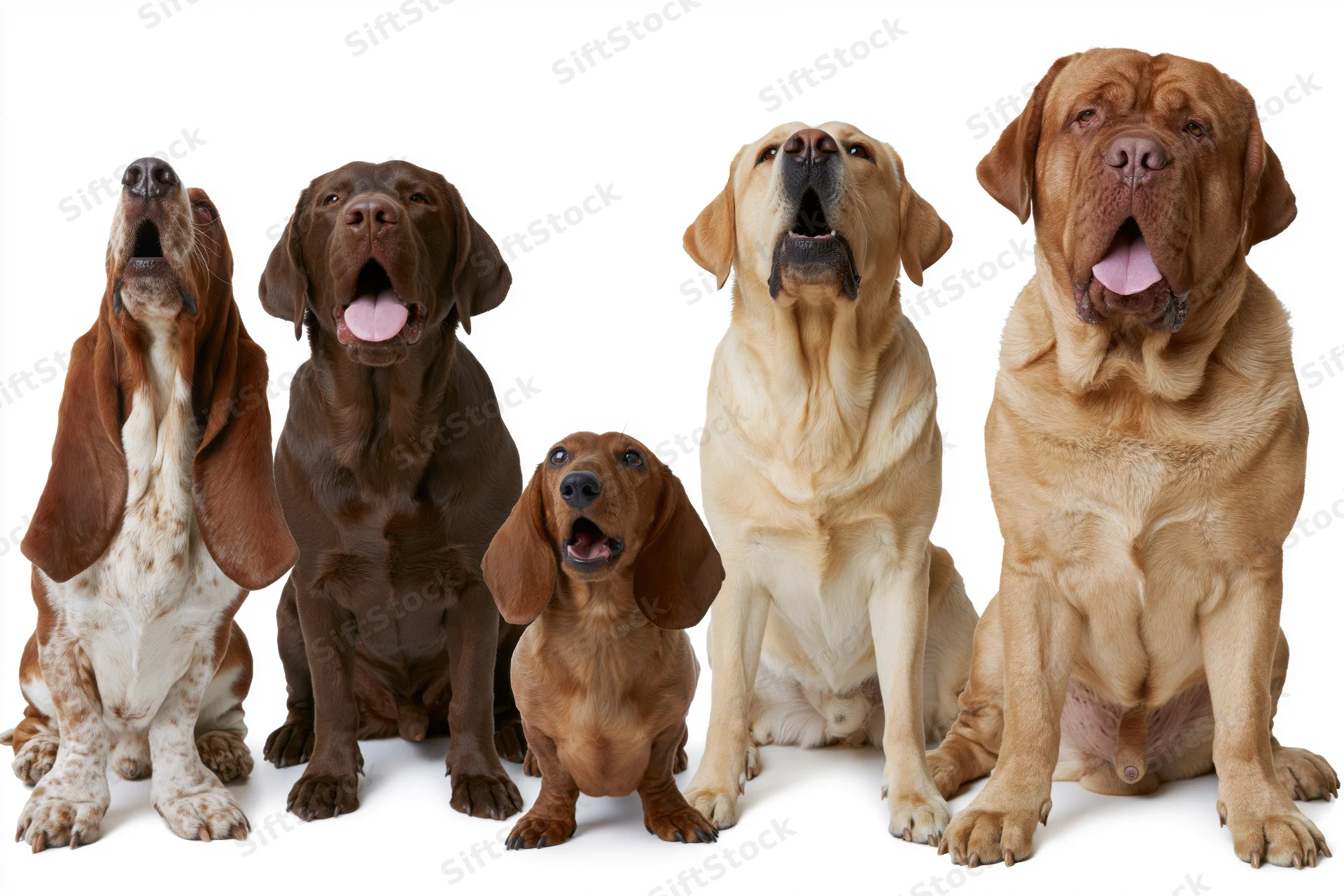 Five dogs of different breeds sitting in a row against white background howling with mouths open