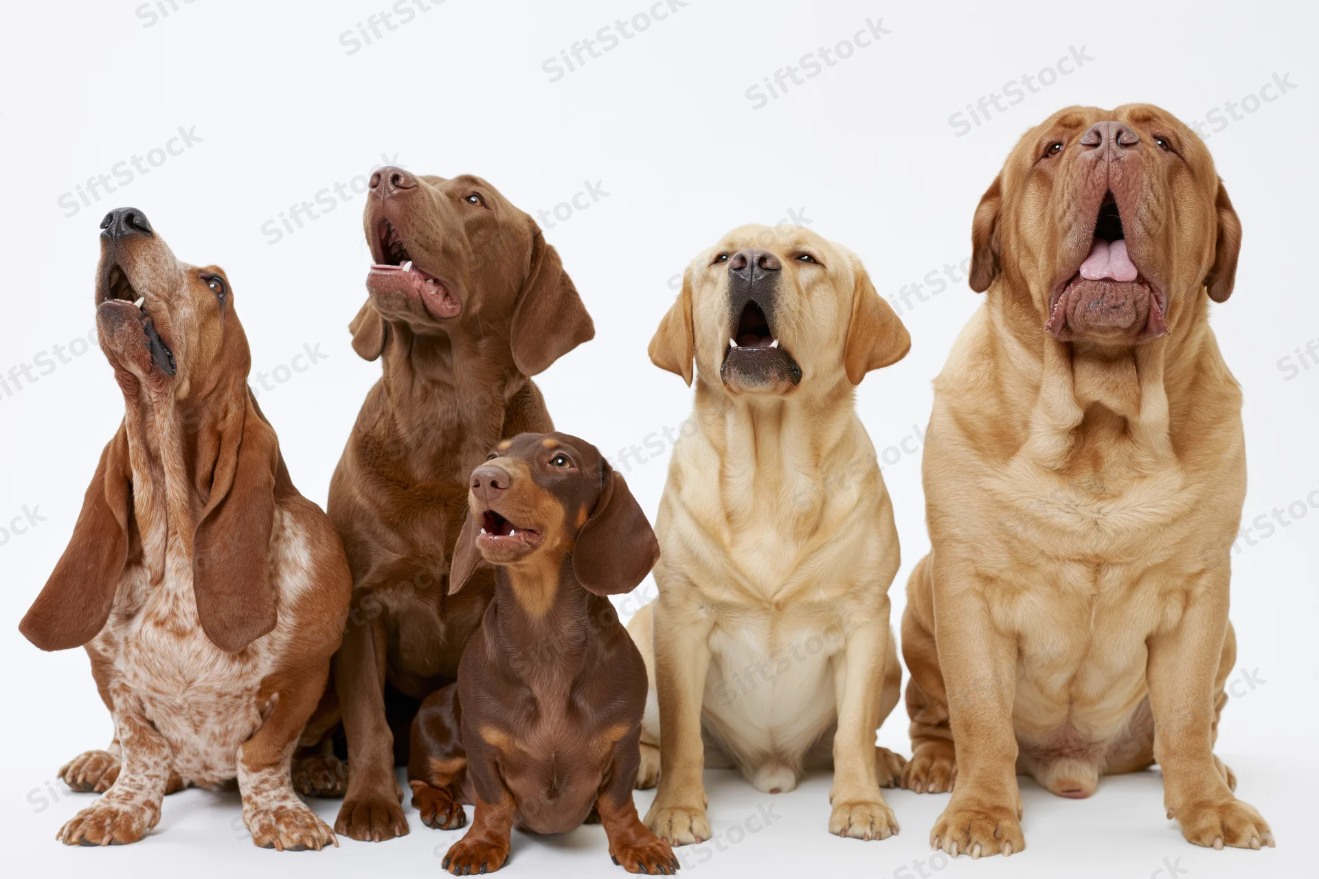 Five dogs of different breeds sitting and howling in a studio setting