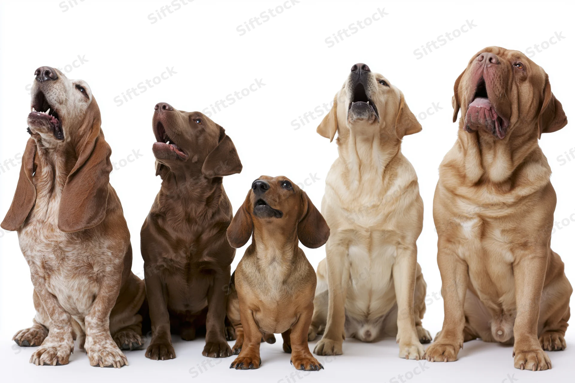 Five dogs of different breeds sitting in a row howling with mouths open against white background