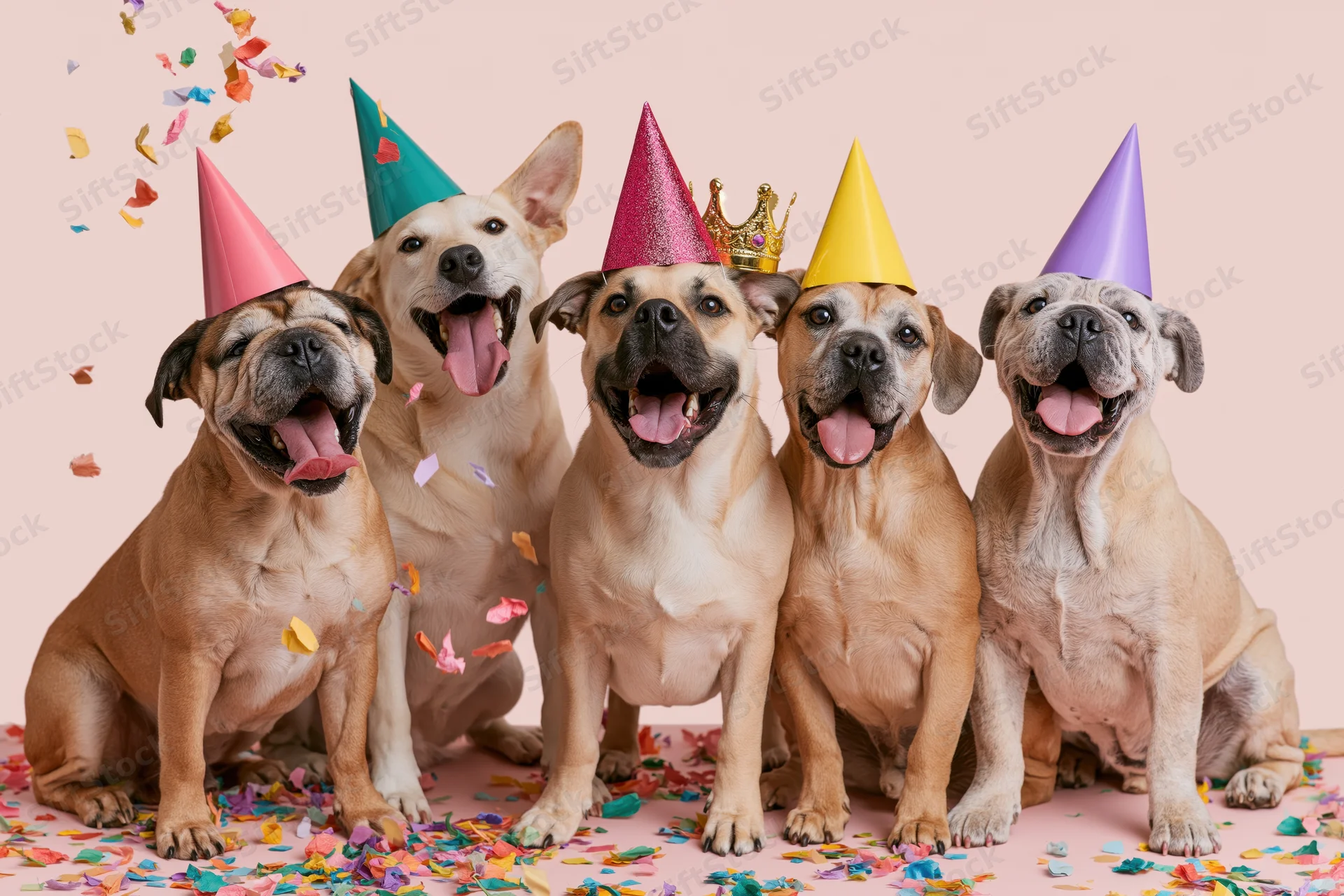 Five dogs wearing colorful party hats and sitting in confetti on a pink background