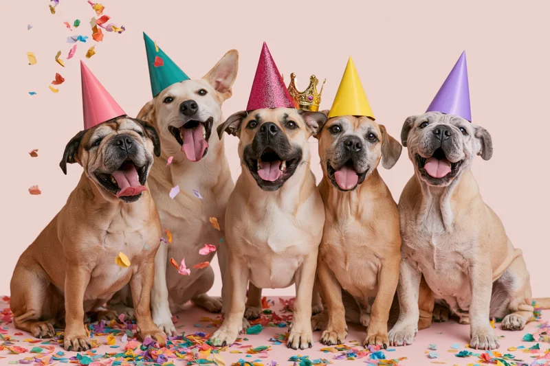 Five dogs wearing colorful party hats and sitting in confetti on a pink background