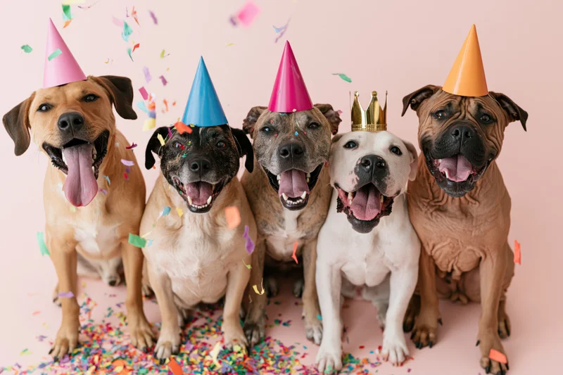 Five dogs wearing colorful party hats and confetti in a studio setting