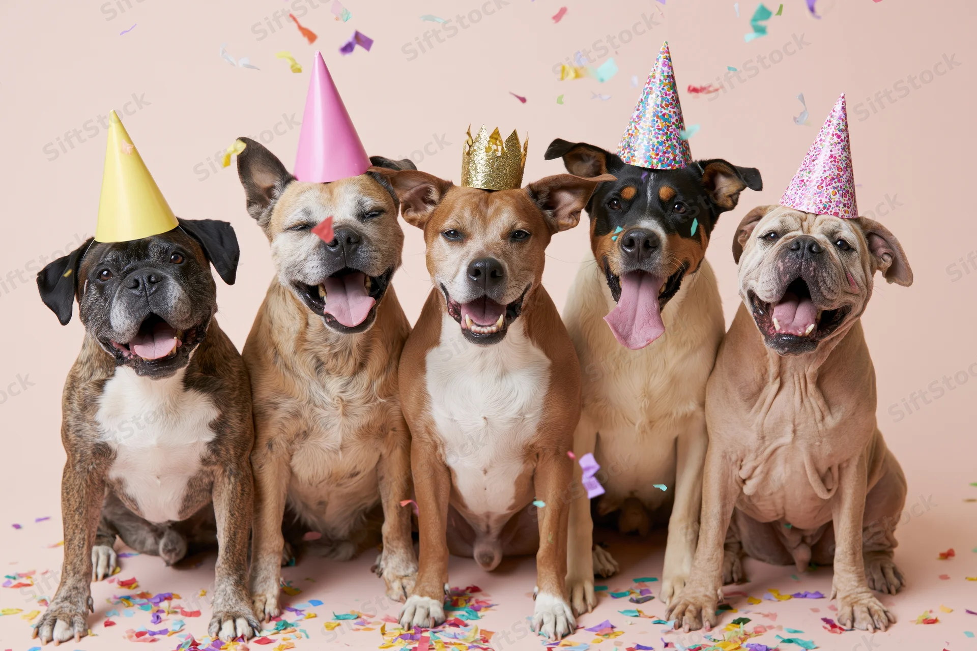 Five dogs wearing party hats and confetti on a pink background