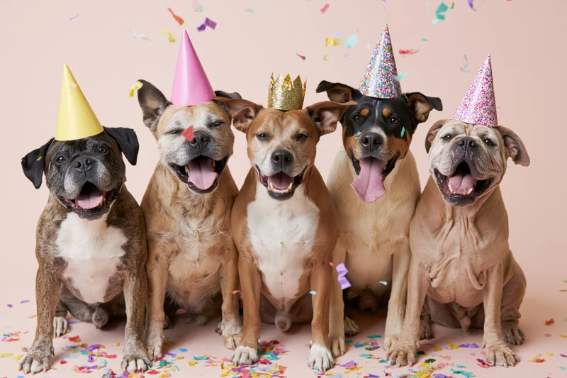 Five dogs wearing party hats and confetti on a pink background