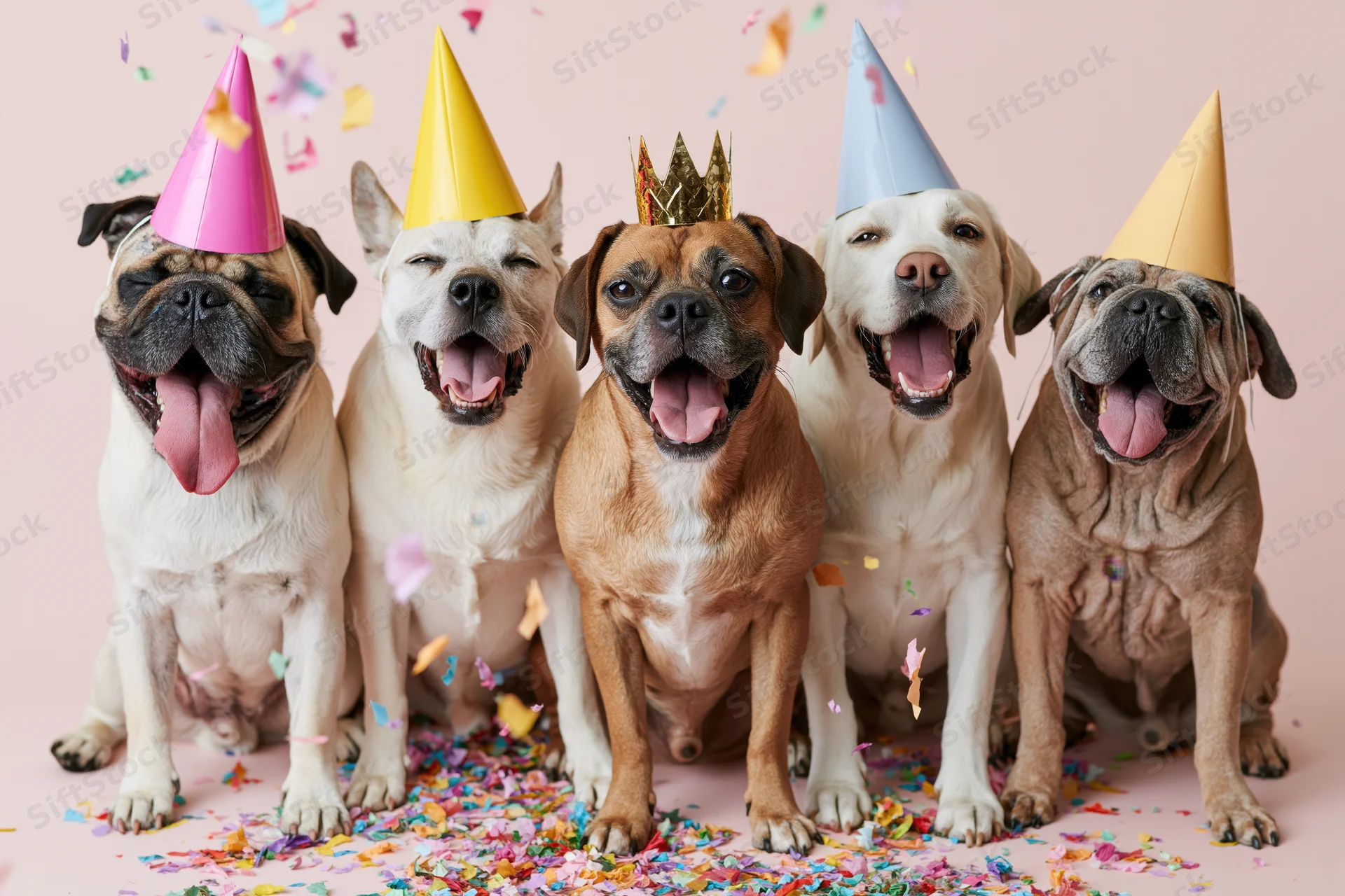 Five dogs wearing colorful party hats and confetti on pink background