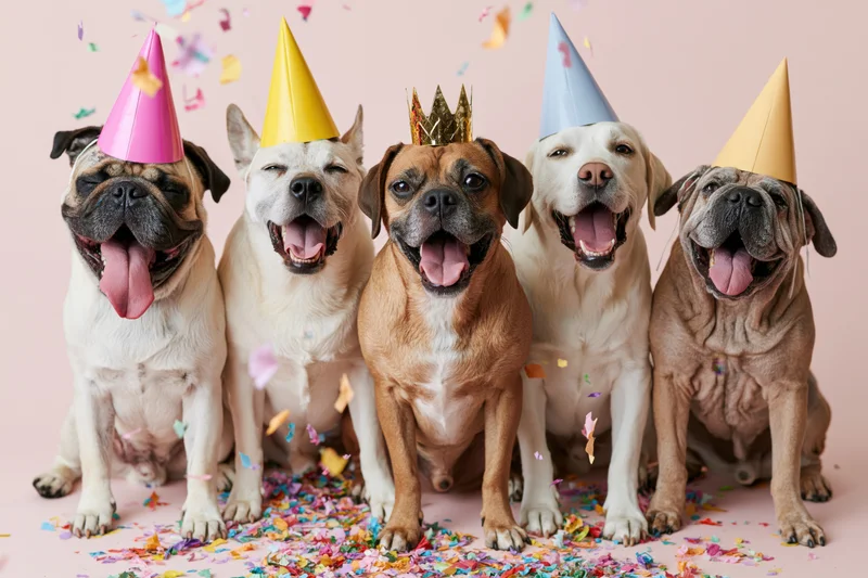Five dogs wearing colorful party hats and confetti on pink background