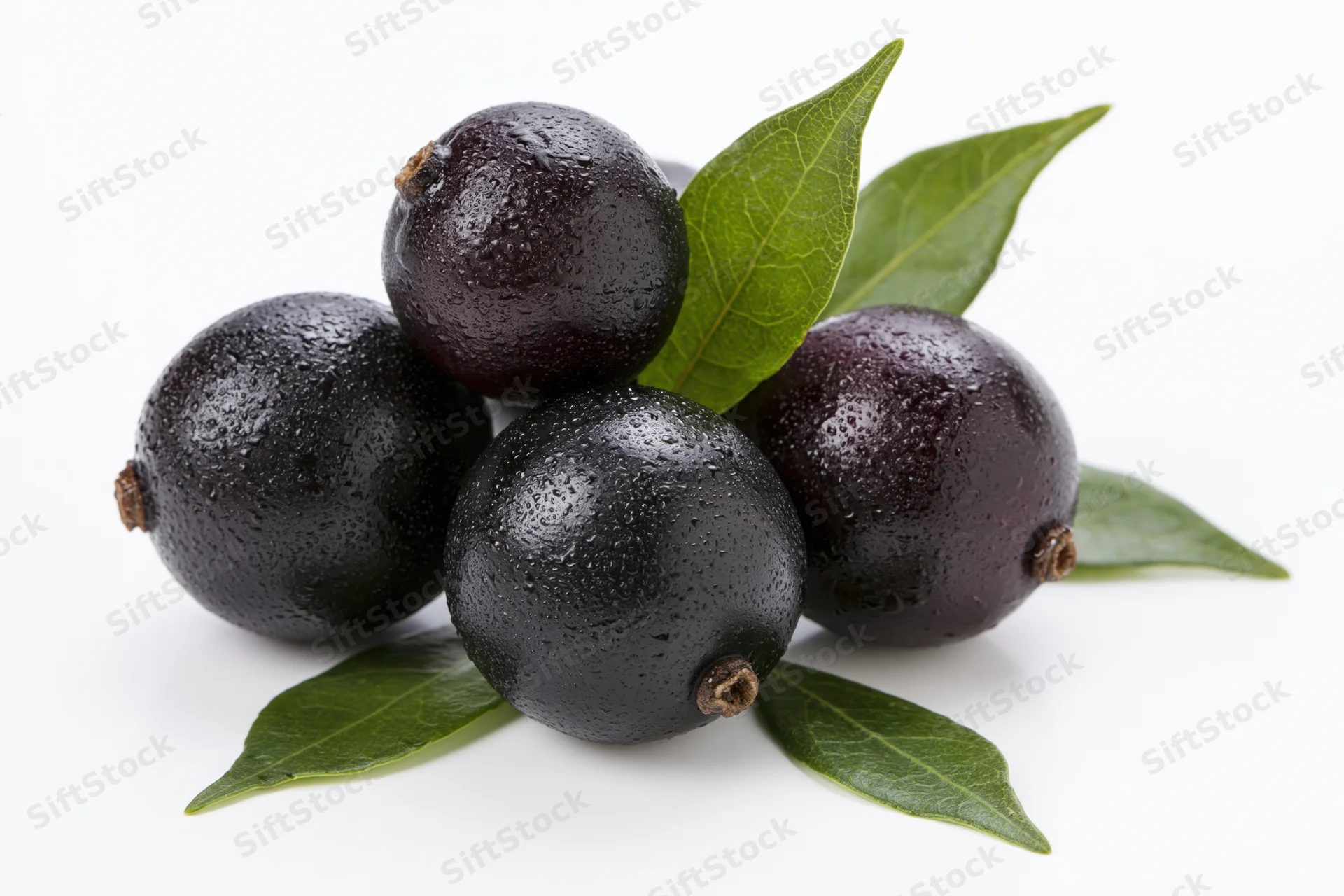 Five fresh acai berries clustered with green leaves on white background