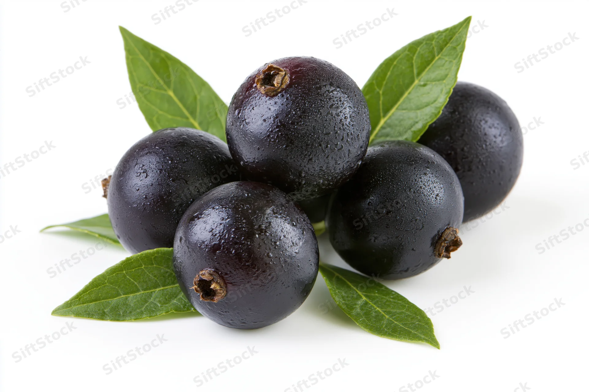 Cluster of fresh acai berries with green leaves on white background