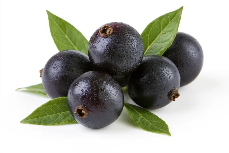 Cluster of fresh acai berries with green leaves on white background