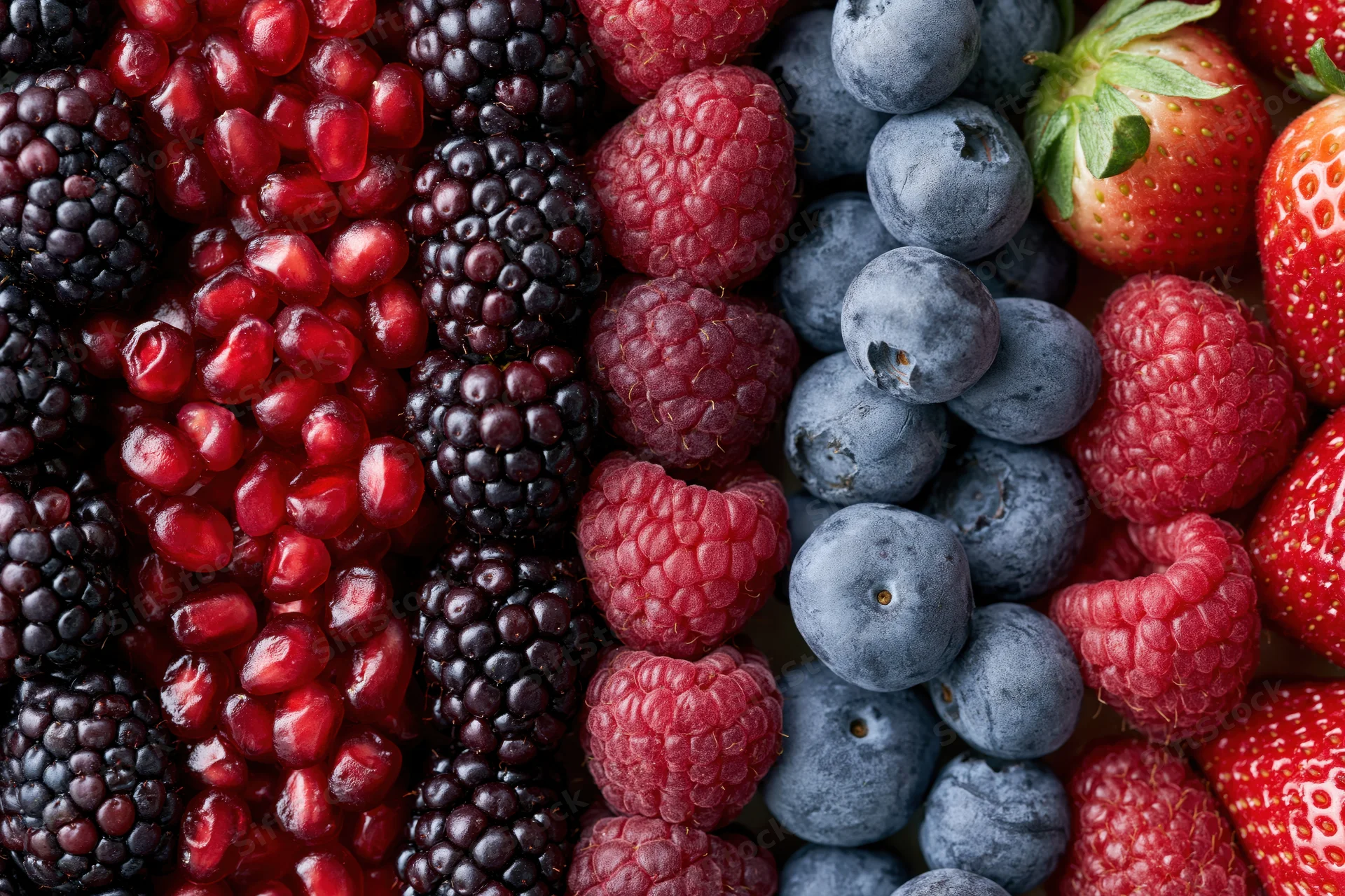 Five varieties of fresh berries arranged in vertical strips showing pomegranate seeds, blackberries, raspberries, blueberries, and strawberries in a close-up view