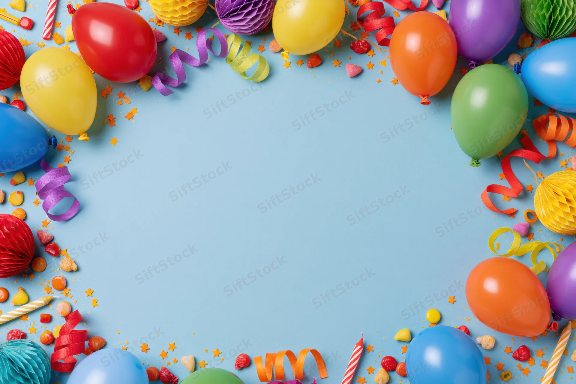 Colorful birthday party decorations arranged in a frame border on pale blue background with copyspace