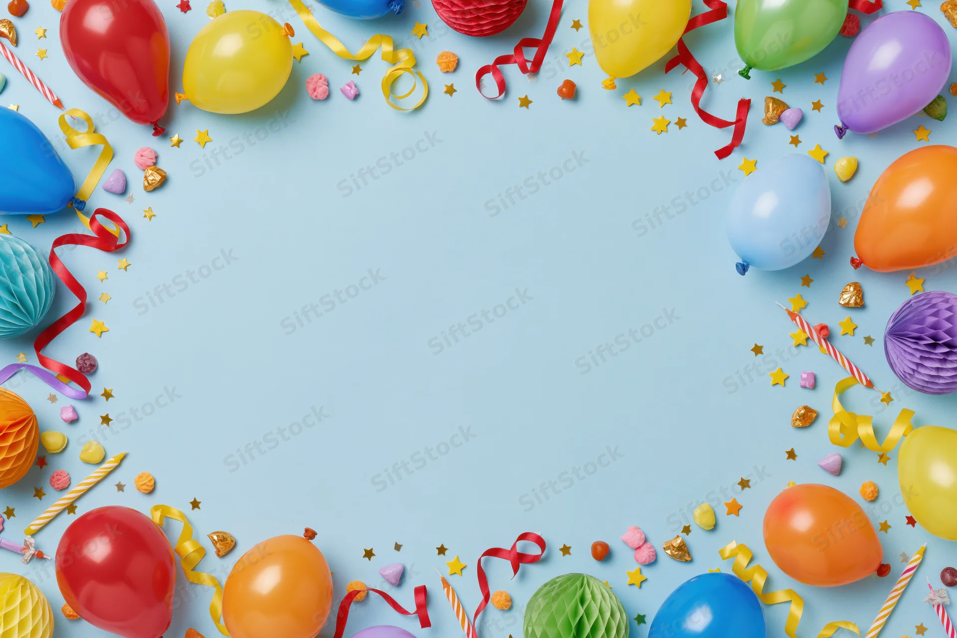 Colorful party decorations arranged in a border frame on pale blue background with copyspace