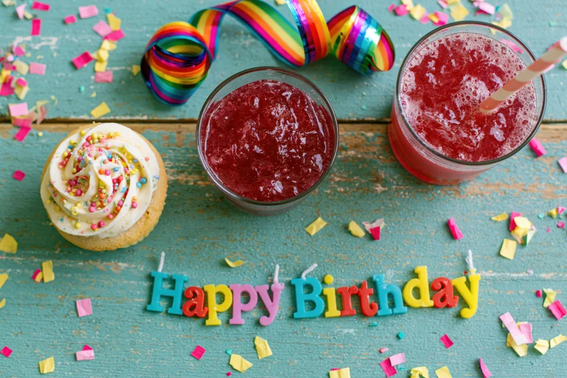 Colorful birthday party items arranged on a wooden table with a cupcake, drinks, confetti and rainbow ribbon