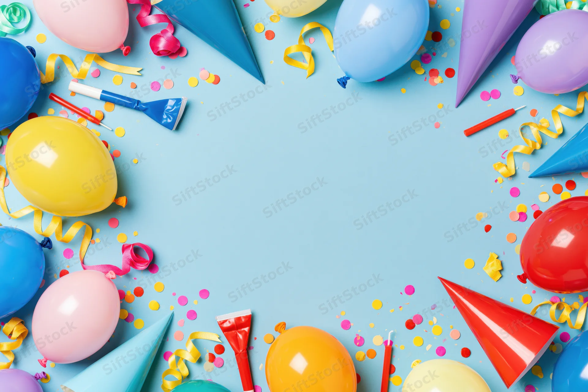 Colorful birthday party supplies arranged in a circular frame on blue background with copyspace in center