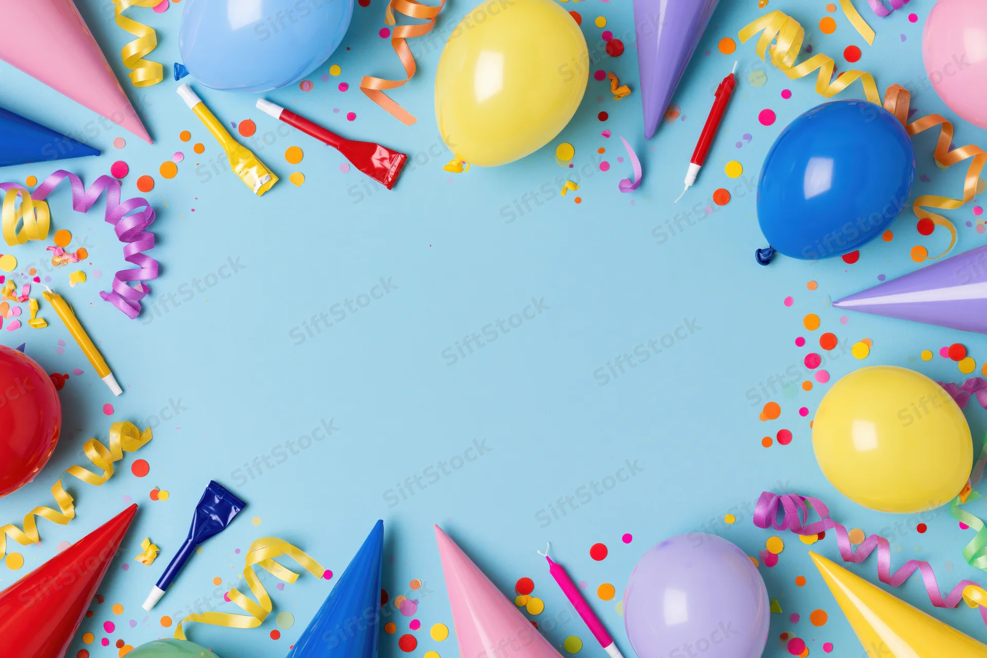 Colorful birthday party supplies arranged in a circle on blue background with copyspace in center