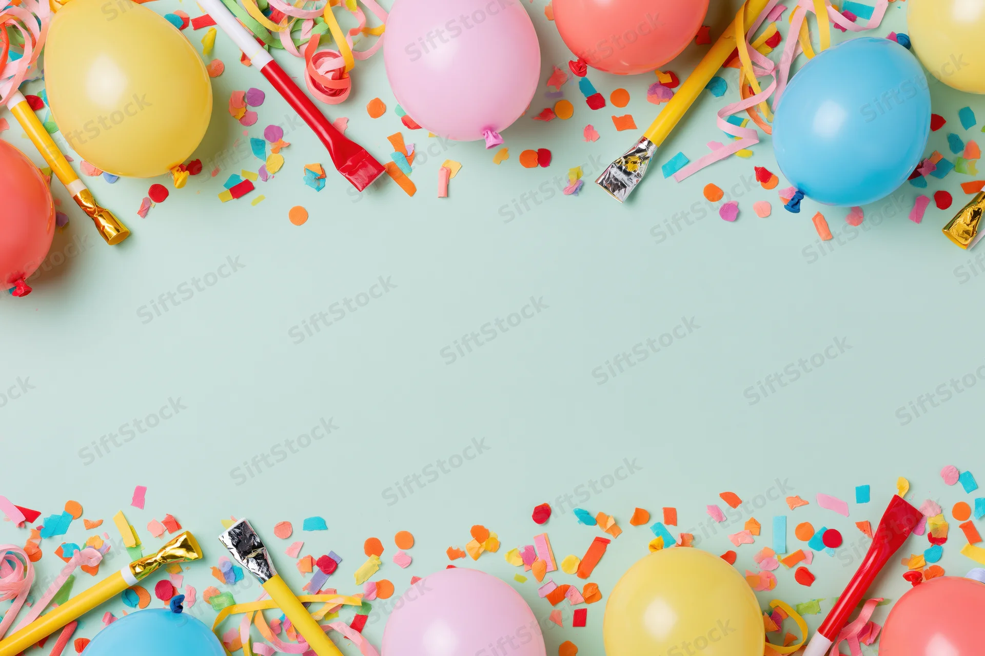 Colorful birthday party supplies arranged in border around copyspace on mint green surface
