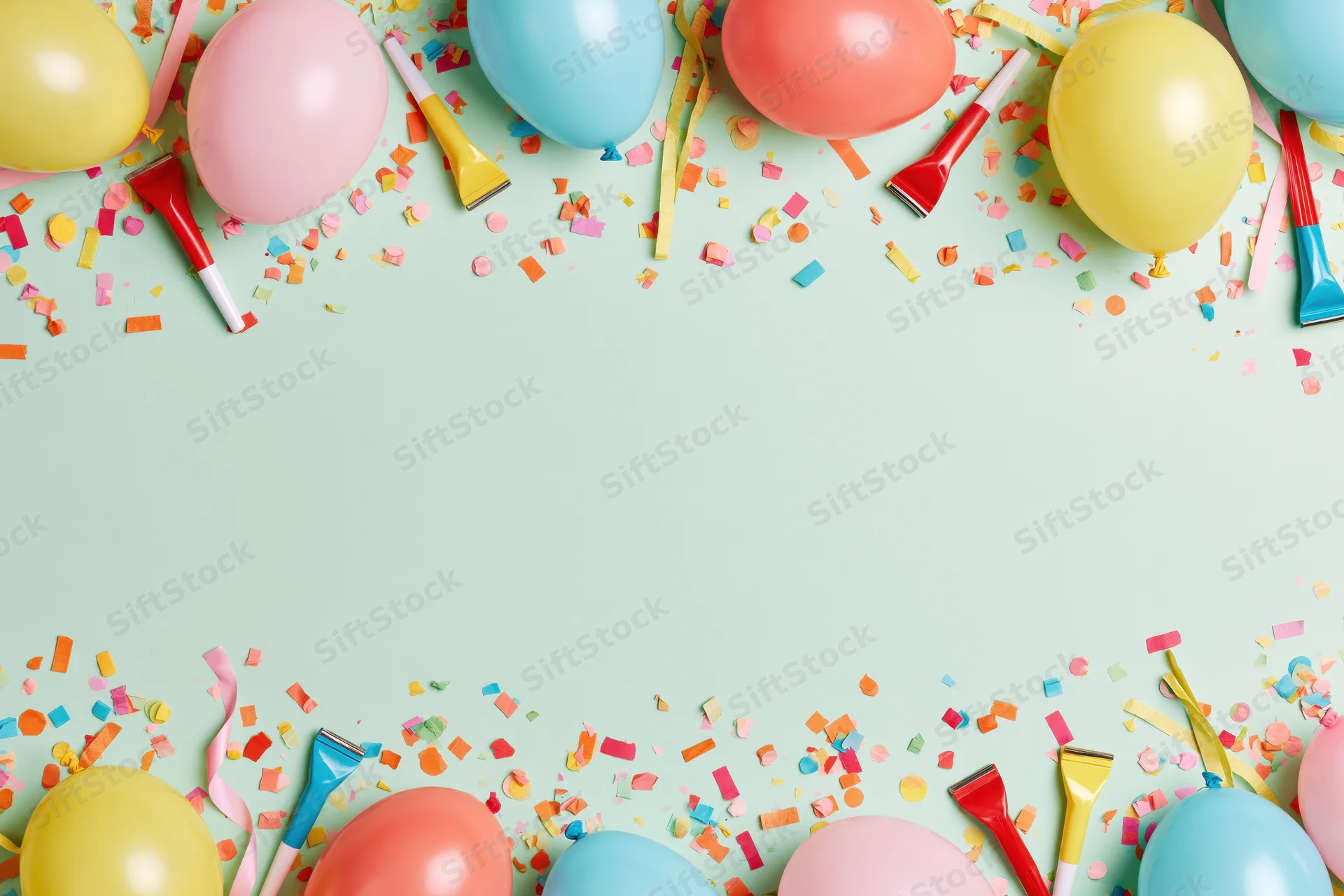 Colorful birthday party supplies arranged in flat lay with balloons, confetti, and partyhorns on pastel background