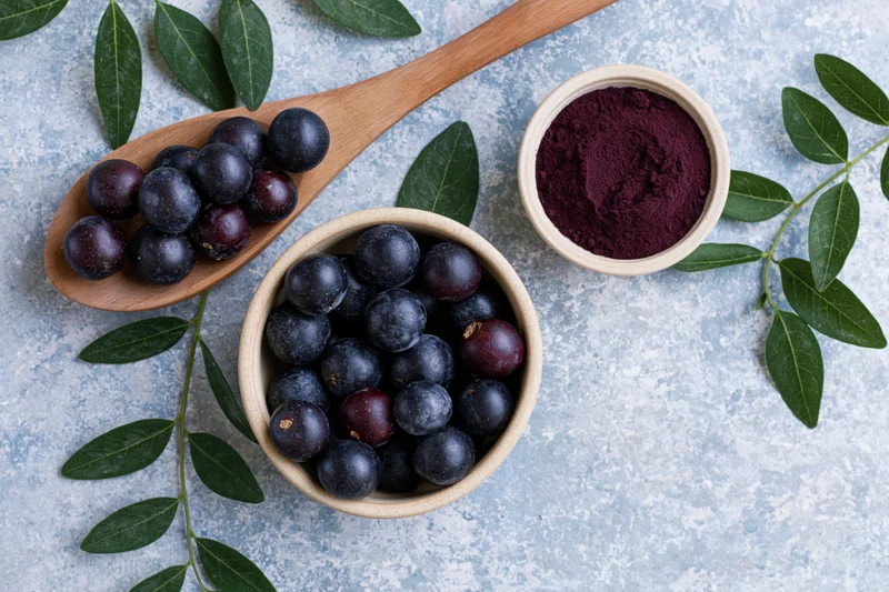 Fresh acai berries in a ceramic bowl and wooden spoon with powder and leaves on textured surface