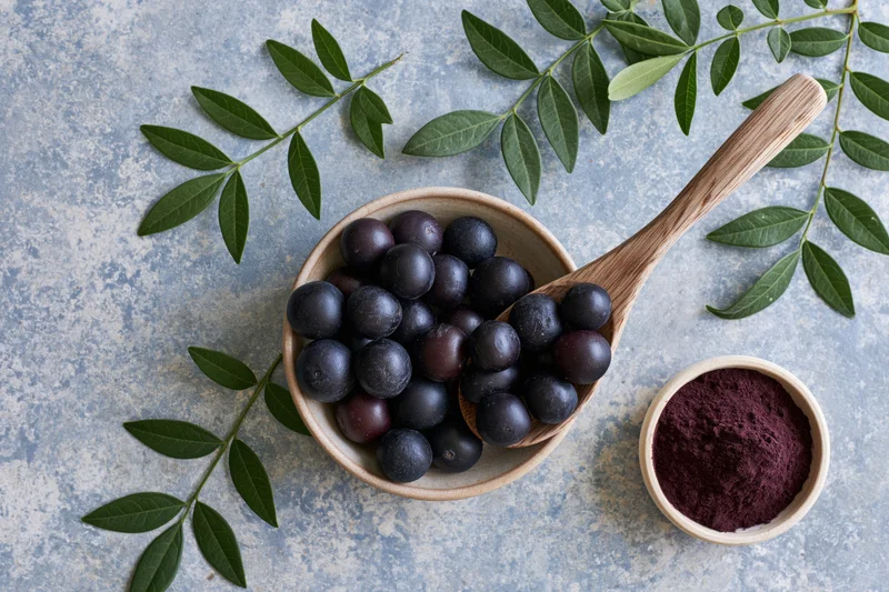 Fresh acai berries in a ceramic bowl with wooden spoon and green leaves on a stone surface