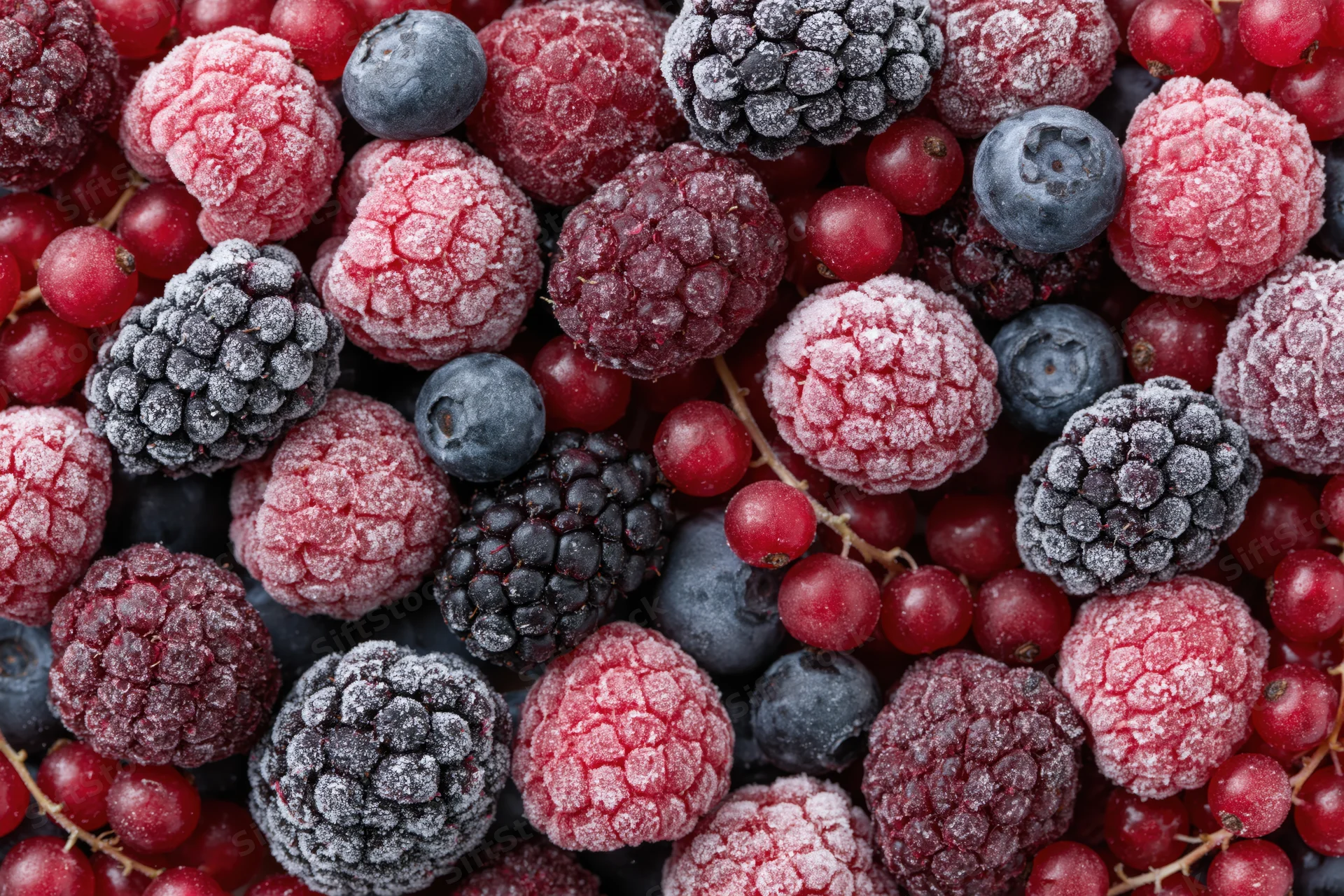 Closeup of mixed frozen berries including raspberries, blackberries, blueberries and redcurrants arranged in a flat lay