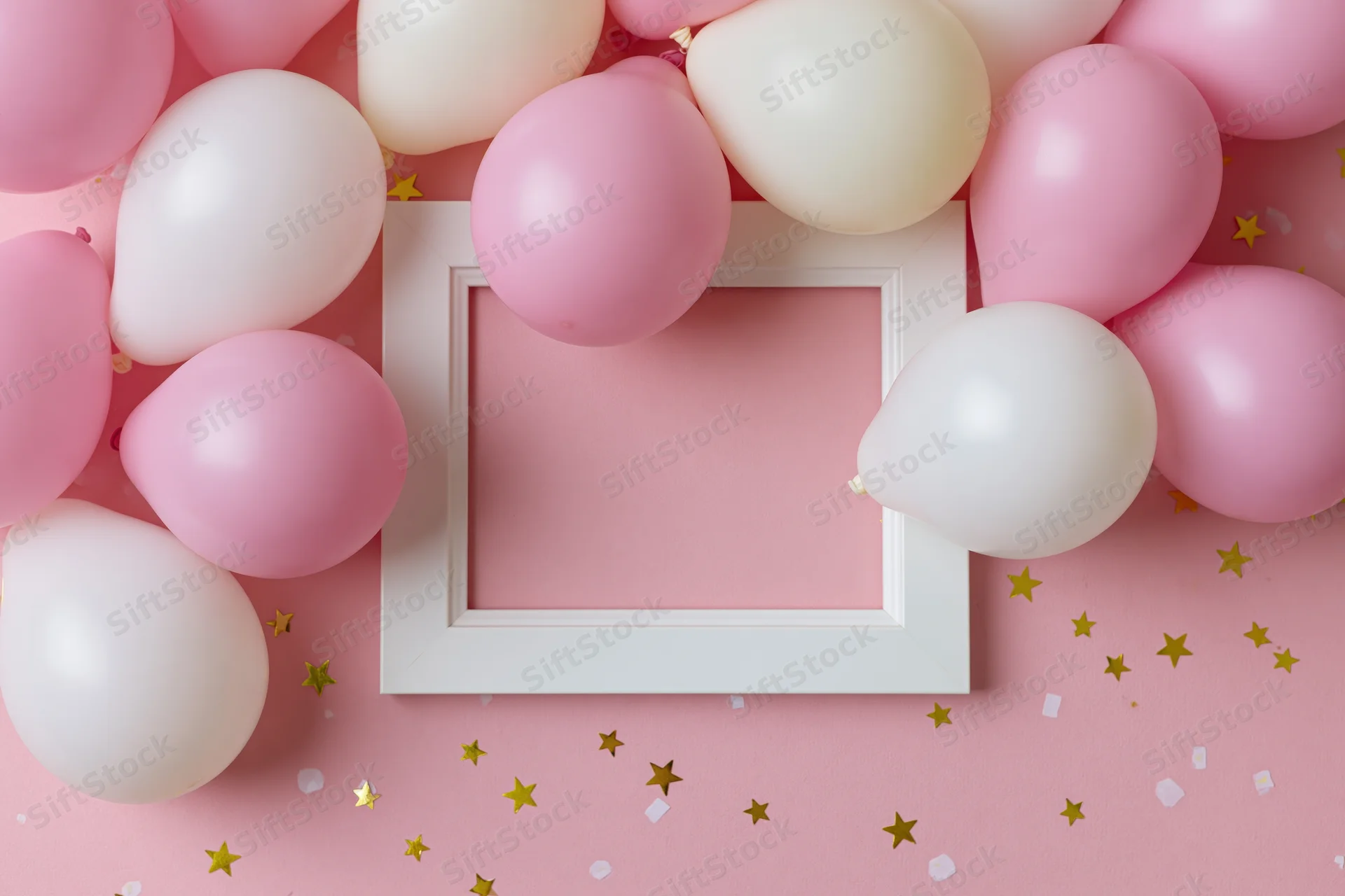 White frame surrounded by pink and white balloons on a pink surface with gold stars and confetti