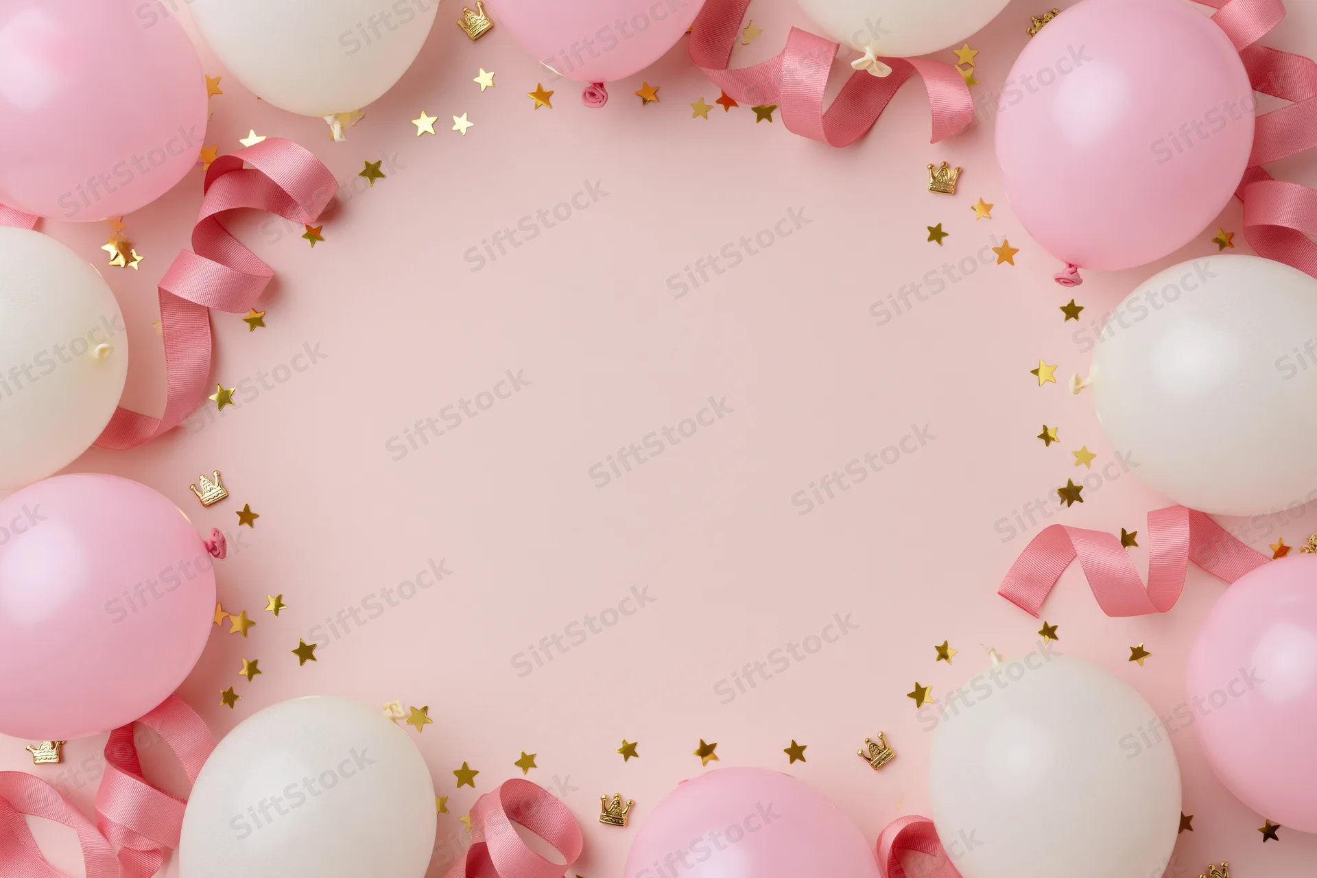 Pink and white balloons with ribbon streamers and gold confetti arranged in a circular frame on a pastel pink surface