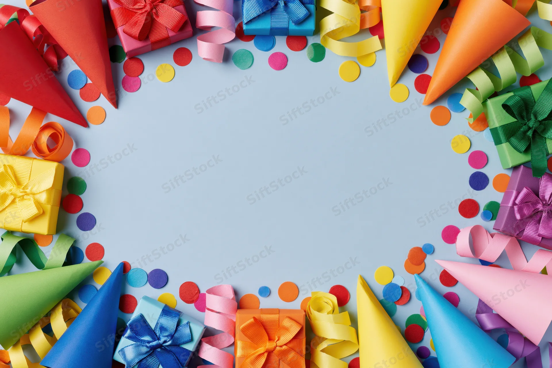 Colorful party supplies arranged in a circle around a light blue copyspace