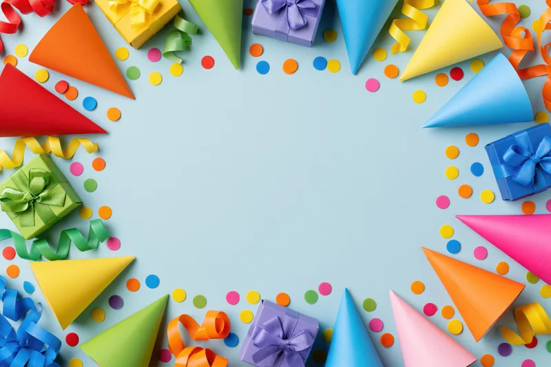 Colorful party supplies arranged in a circle around a blue background with copyspace