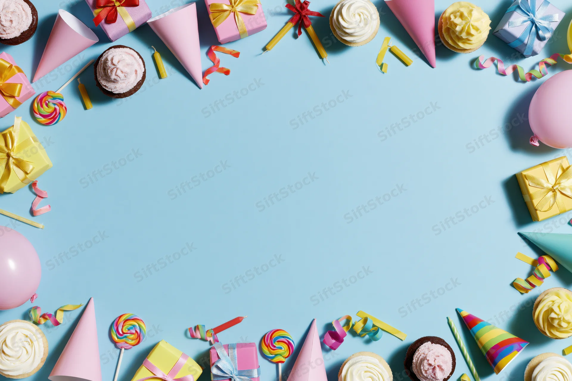 Colorful birthday party supplies arranged in a border around a light blue surface with copyspace in the center
