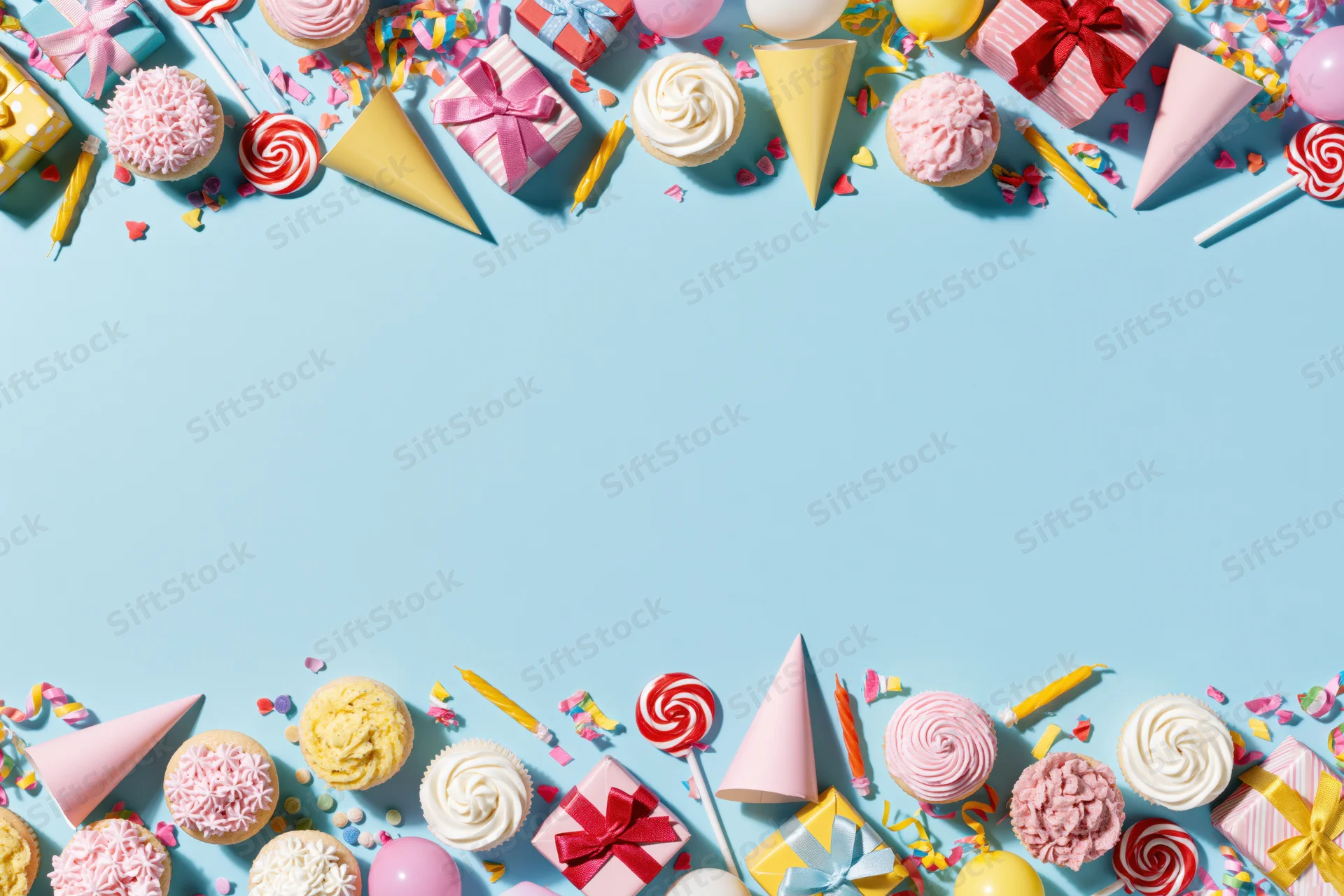 Colorful birthday party supplies arranged along top and bottom edges of light blue surface with central copyspace