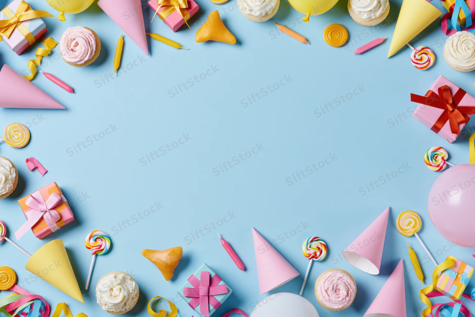 Colorful birthday party supplies arranged in a border around a light blue surface with copyspace in the center