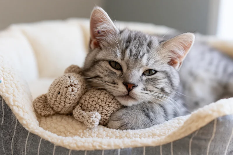 Fluffy grey tabby kitten resting in soft pet bed with crocheted toy