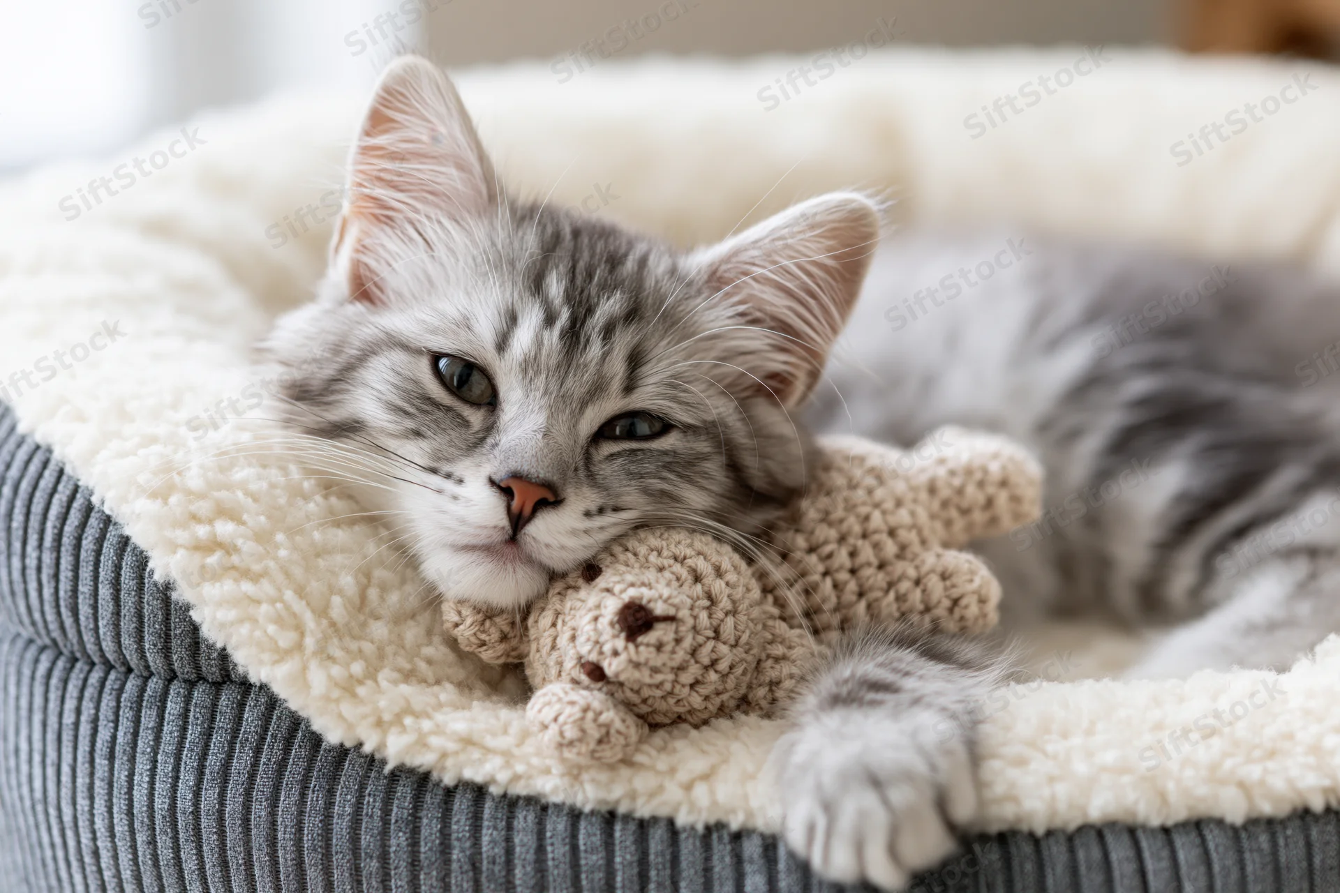 Fluffy grey tabby kitten resting on its side in a soft pet bed with a crocheted stuffed bear