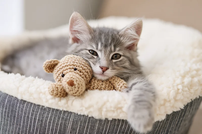 Fluffy grey tabby kitten lying on its side in a soft pet bed with a knitted teddy toy