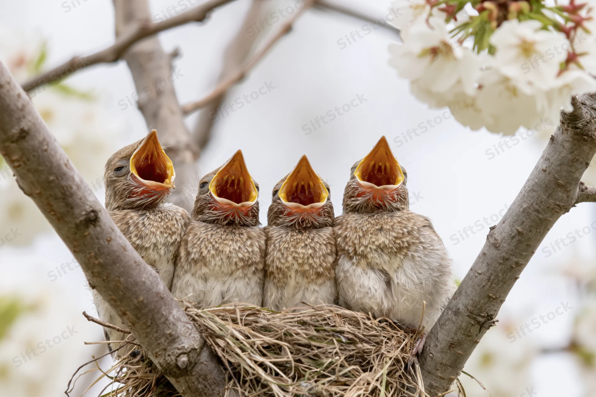 Four baby songbirds with open beaks in a woven grass nest on a blossoming tree branch