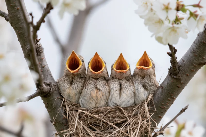 Four baby songbirds with open beaks in a nest on a blossoming tree branch