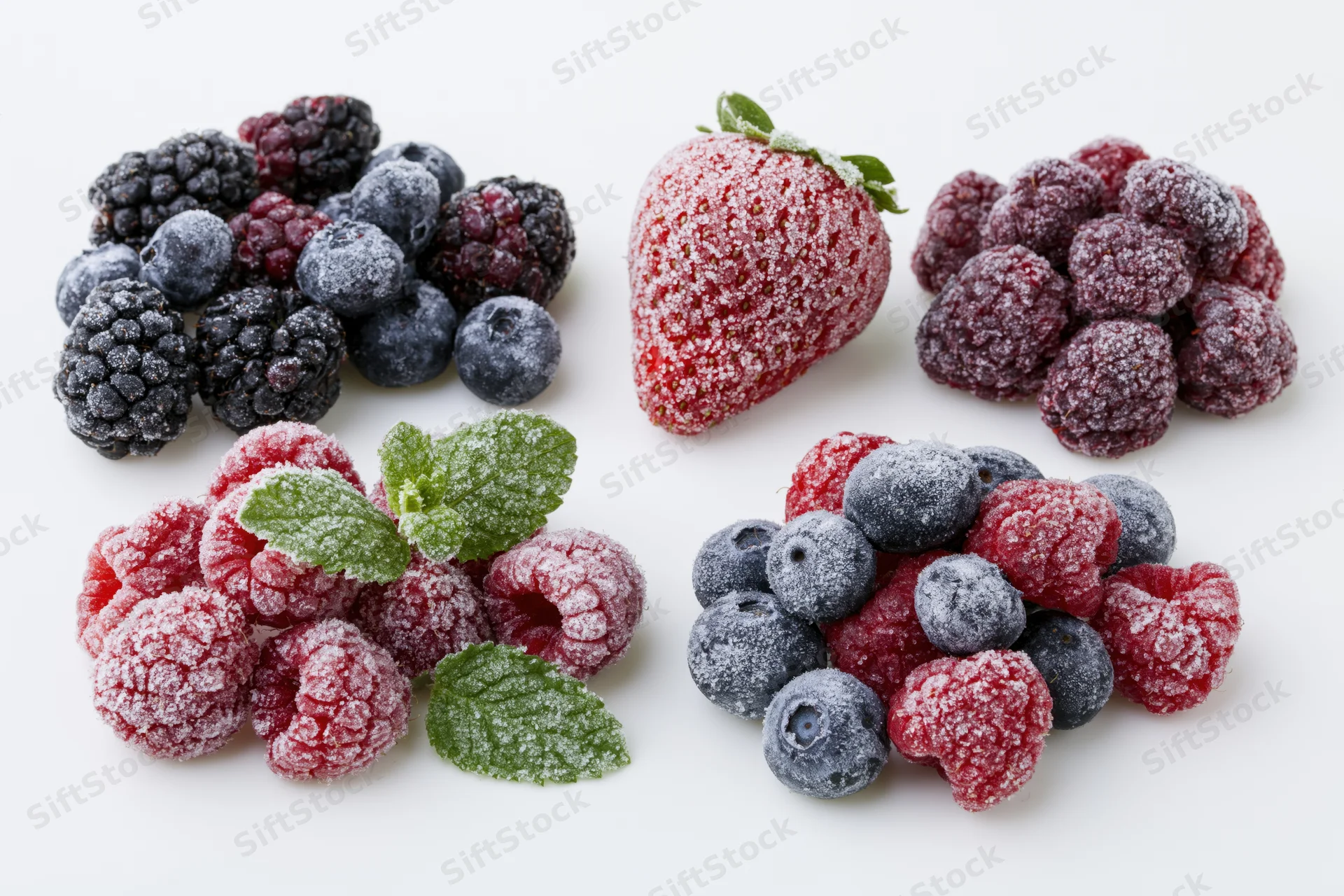 Frost-covered berries arranged in small piles on white background with mint leaves