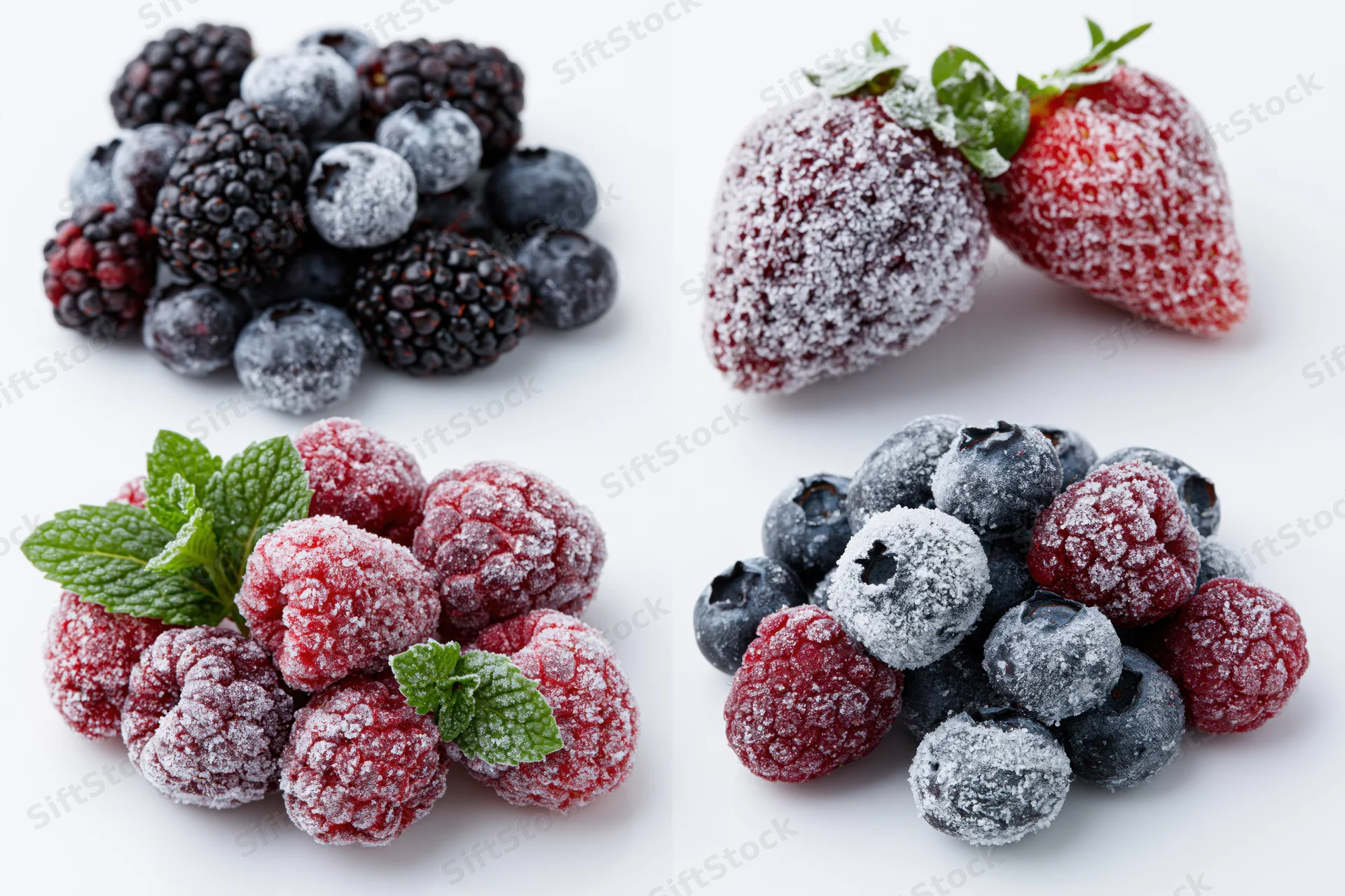 Four piles of frost-covered frozen berries arranged on white background with mint leaves