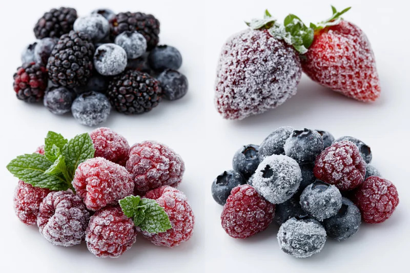Four piles of frost-covered frozen berries arranged on white background with mint leaves
