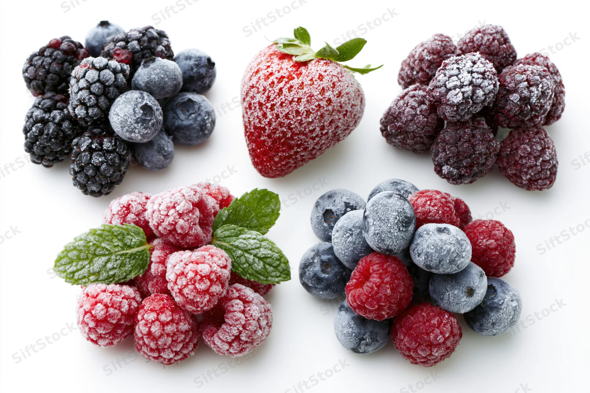 Frost-covered berries arranged in small piles on white background with mint leaves