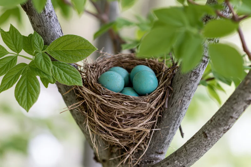 Robin eggs in a woven nest nestled among green leaves on a tree branch