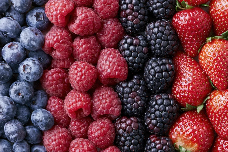 Four varieties of fresh berries arranged in vertical stripes