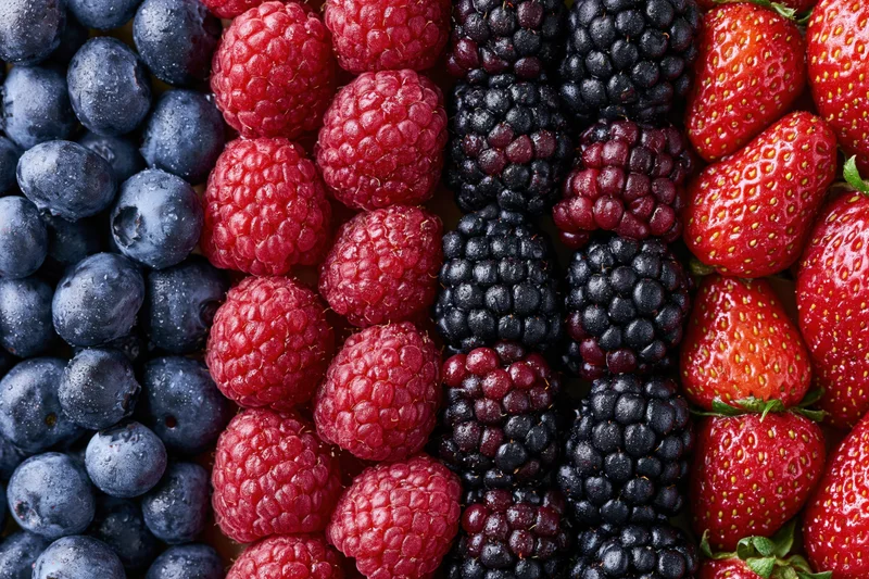 Four varieties of fresh berries arranged in vertical stripes