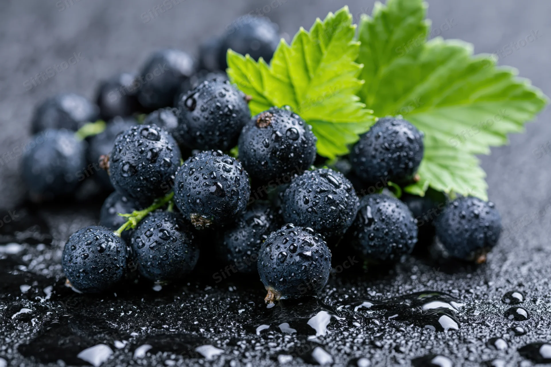 Cluster of fresh black currants with water droplets and green leaves on dark surface