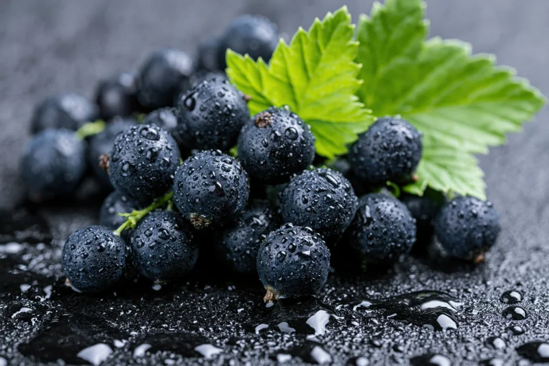 Cluster of fresh black currants with water droplets and green leaves on dark surface