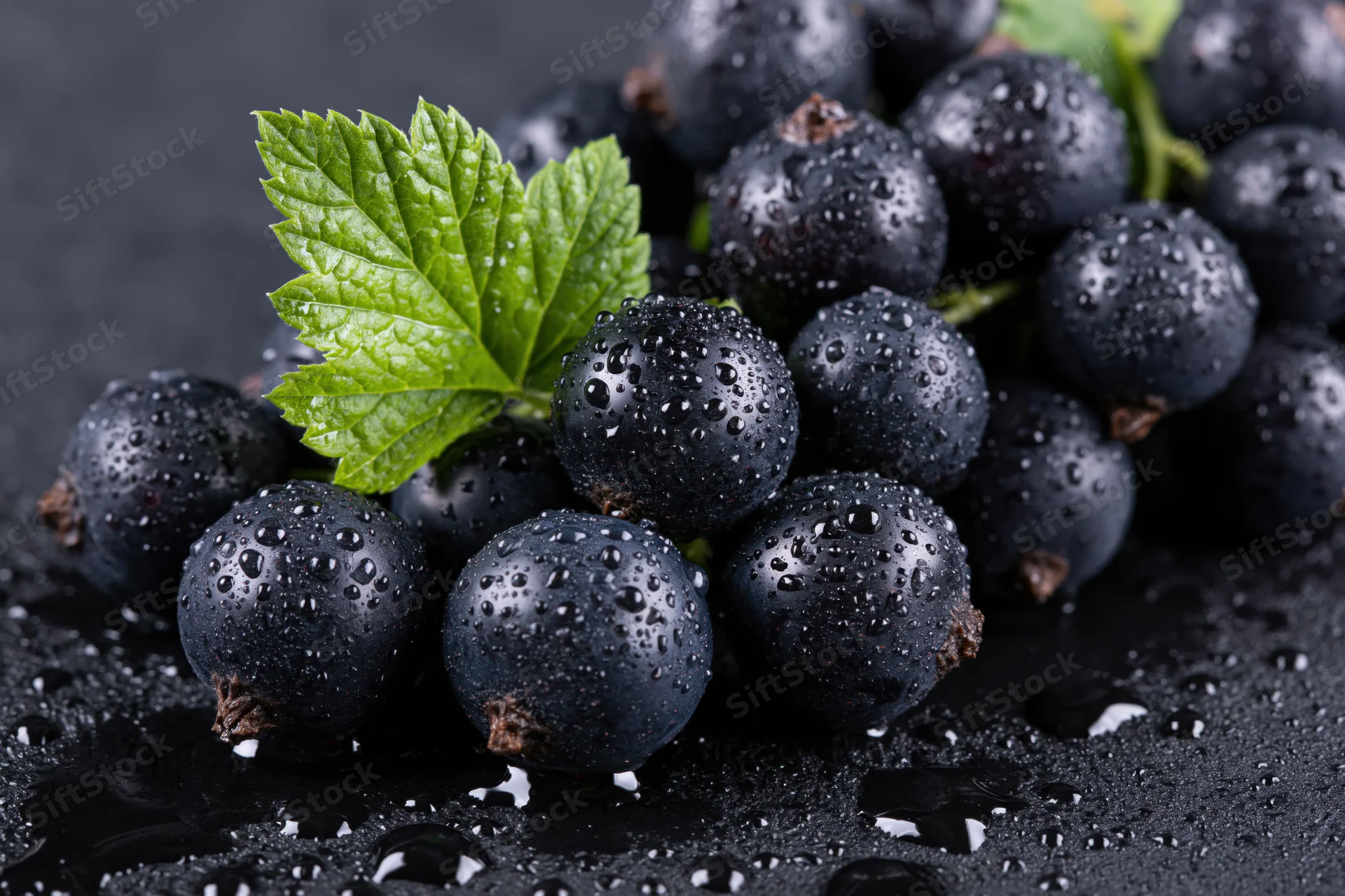 Cluster of fresh black currants with water droplets and a green leaf on a dark surface