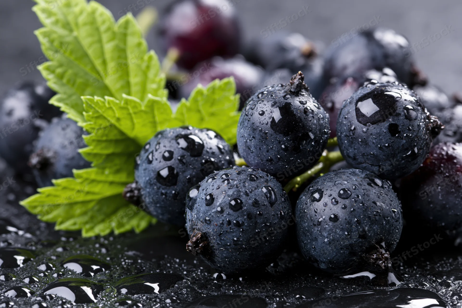 Fresh black currants with water droplets and green leaf on dark surface