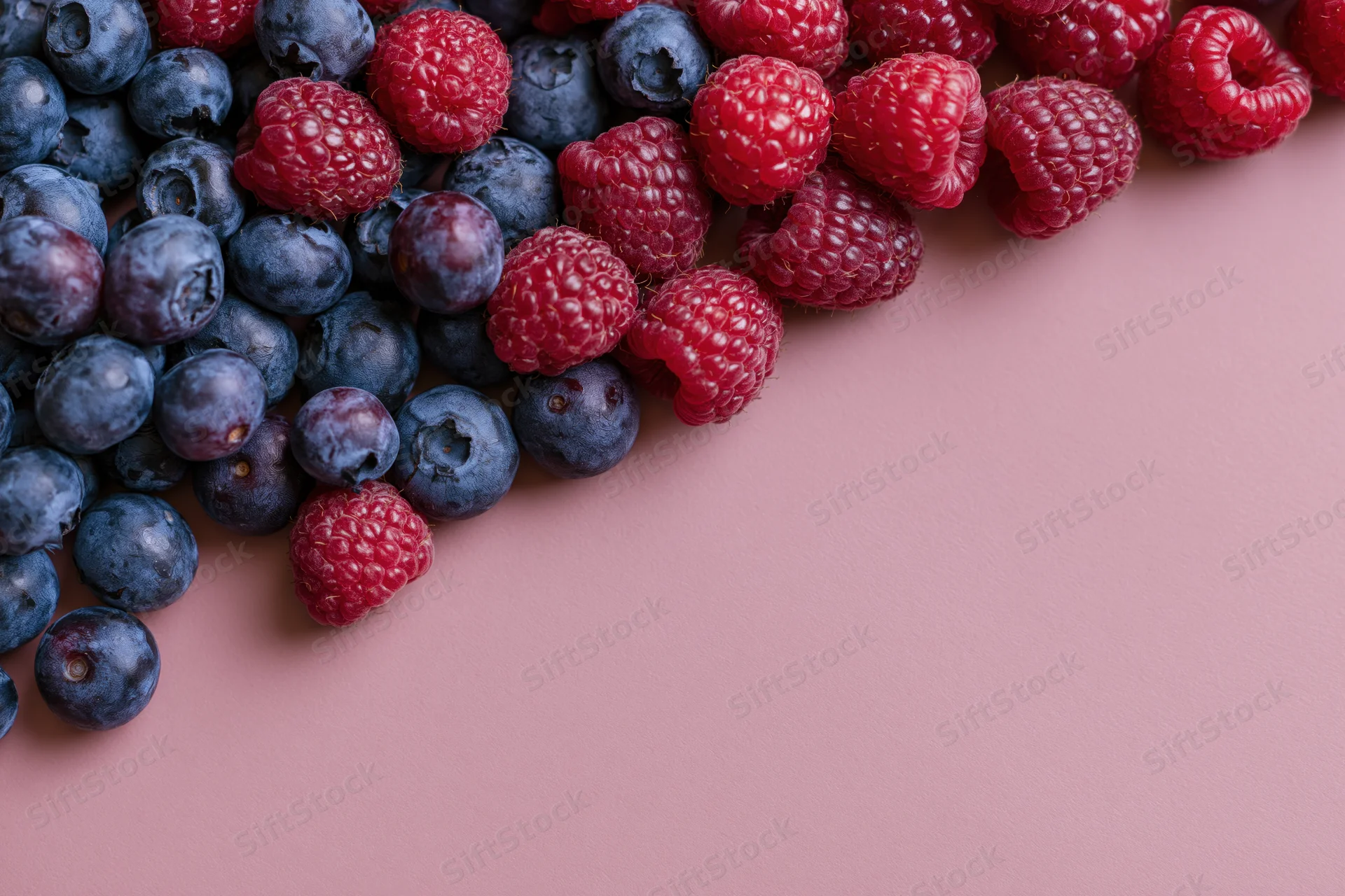 Blueberries and raspberries scattered on a pink surface with copyspace