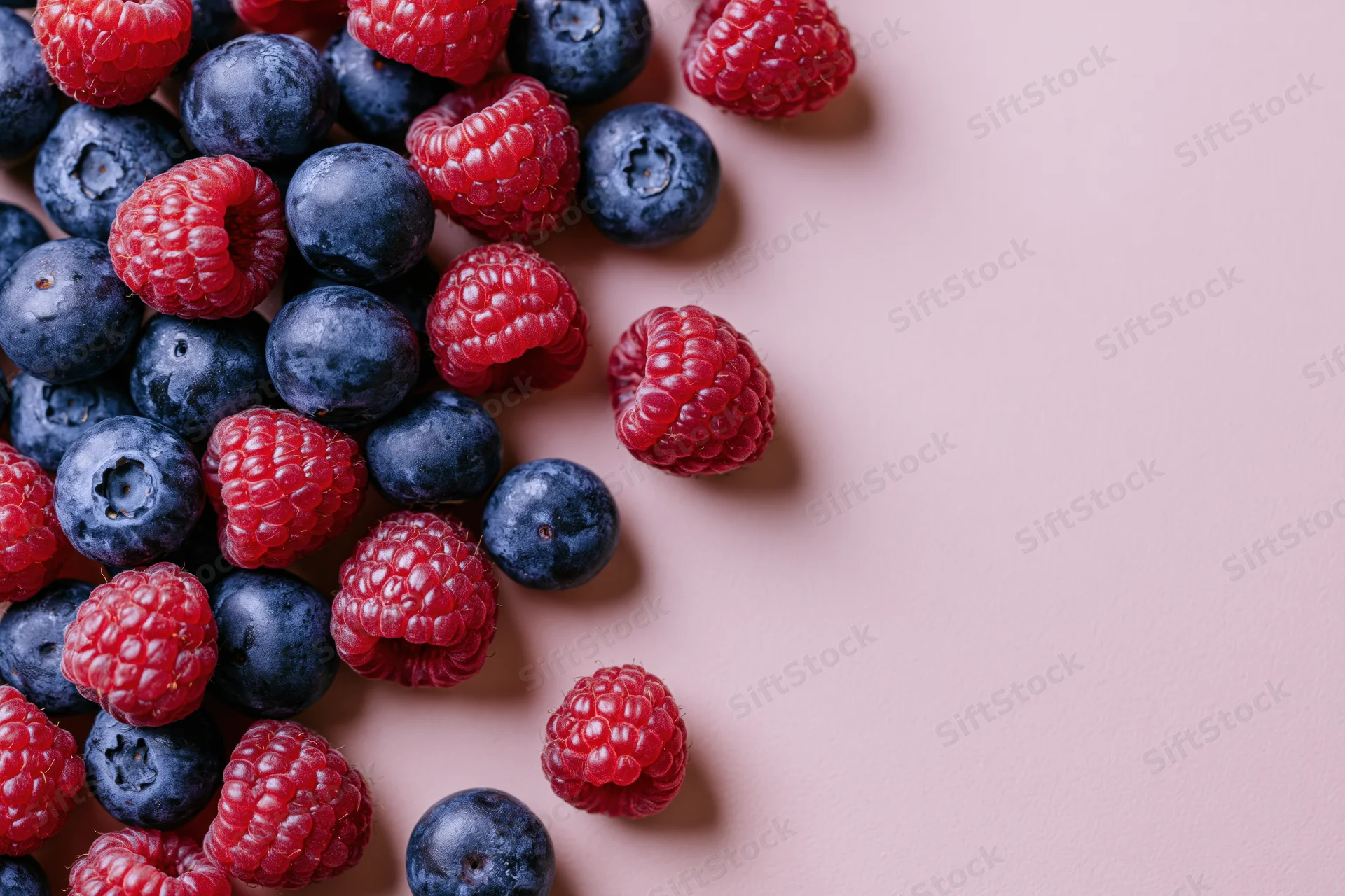 Fresh raspberries and blueberries scattered on a pink surface in a flat lay arrangement